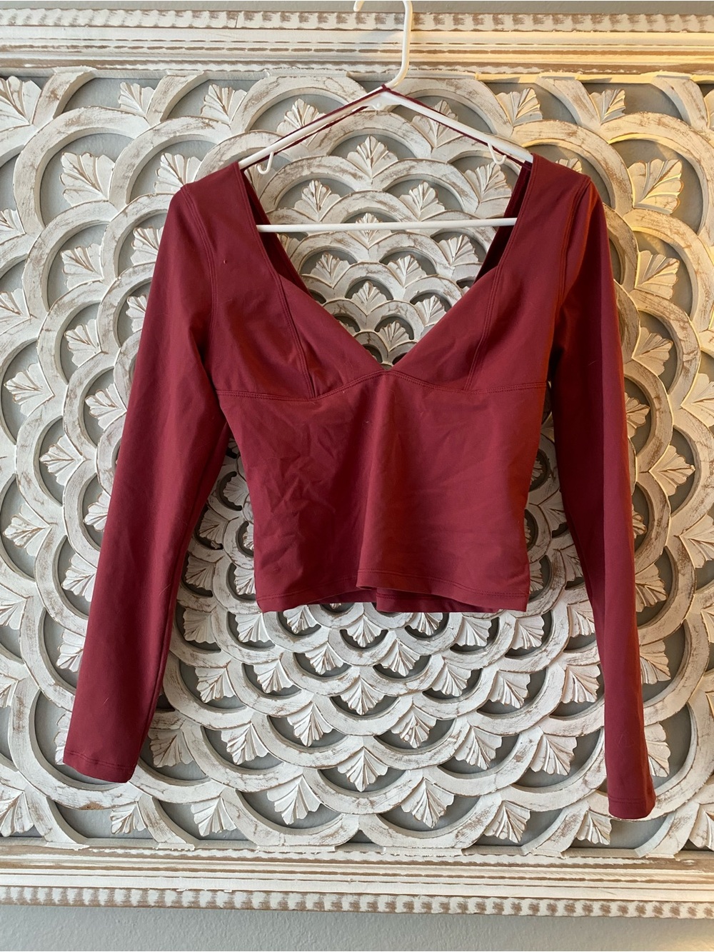 Free People Deep Wine V-Neck Long Sleeve Cropped Top